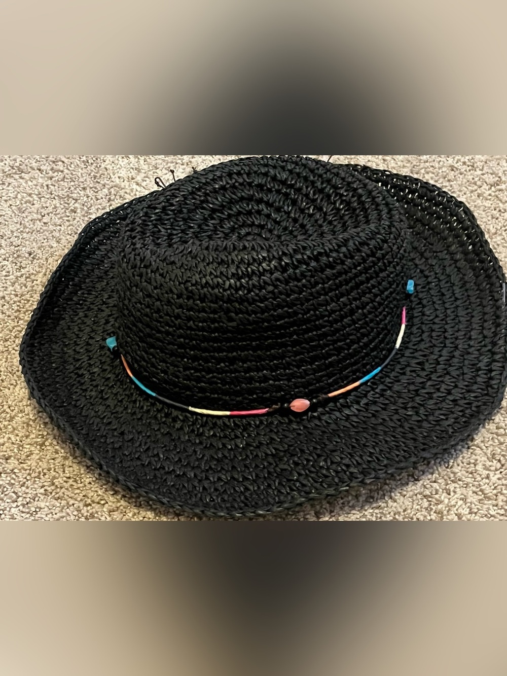 free press Black Woven Hat with Multicolor Bead Cord